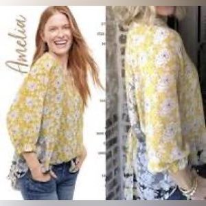 Cabi “Amelia” yellow floral gather blouse size M/L worn once! Style 5713